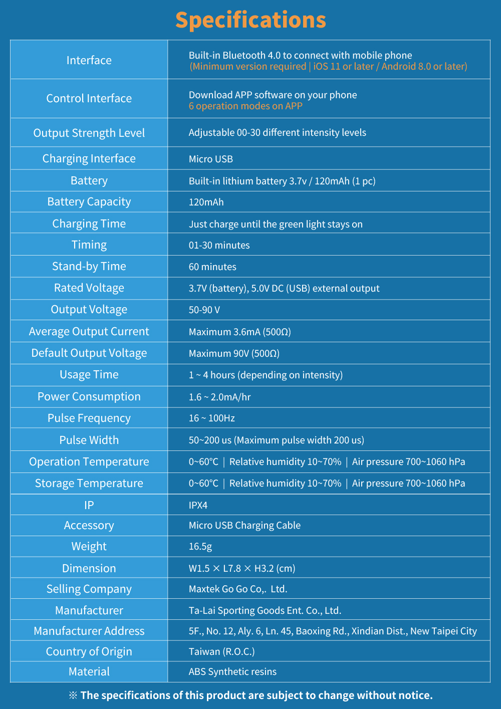 maxpal bluetooth massage specification